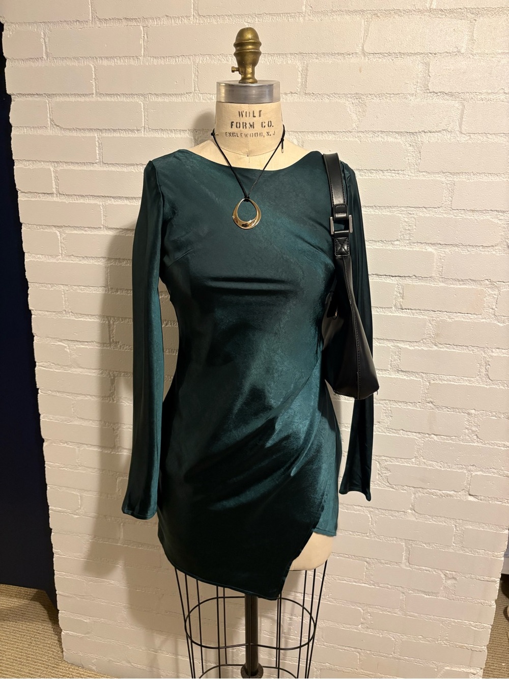 NWT Stelen Green Satin Long-Sleeve Asymmetric Mini Dress